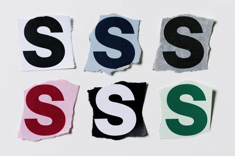 Six torn paper cutouts of the letter s arranged in a grid on a white surface