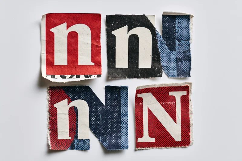 Six cut-out letter n and N clippings arranged in a grid on a white background