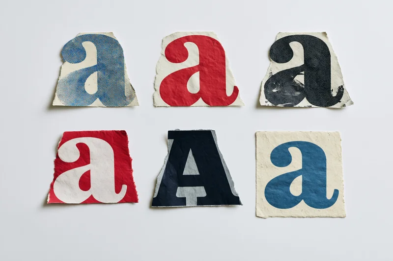 Six cut-out magazine letter a clippings arranged in a two-row grid on white background