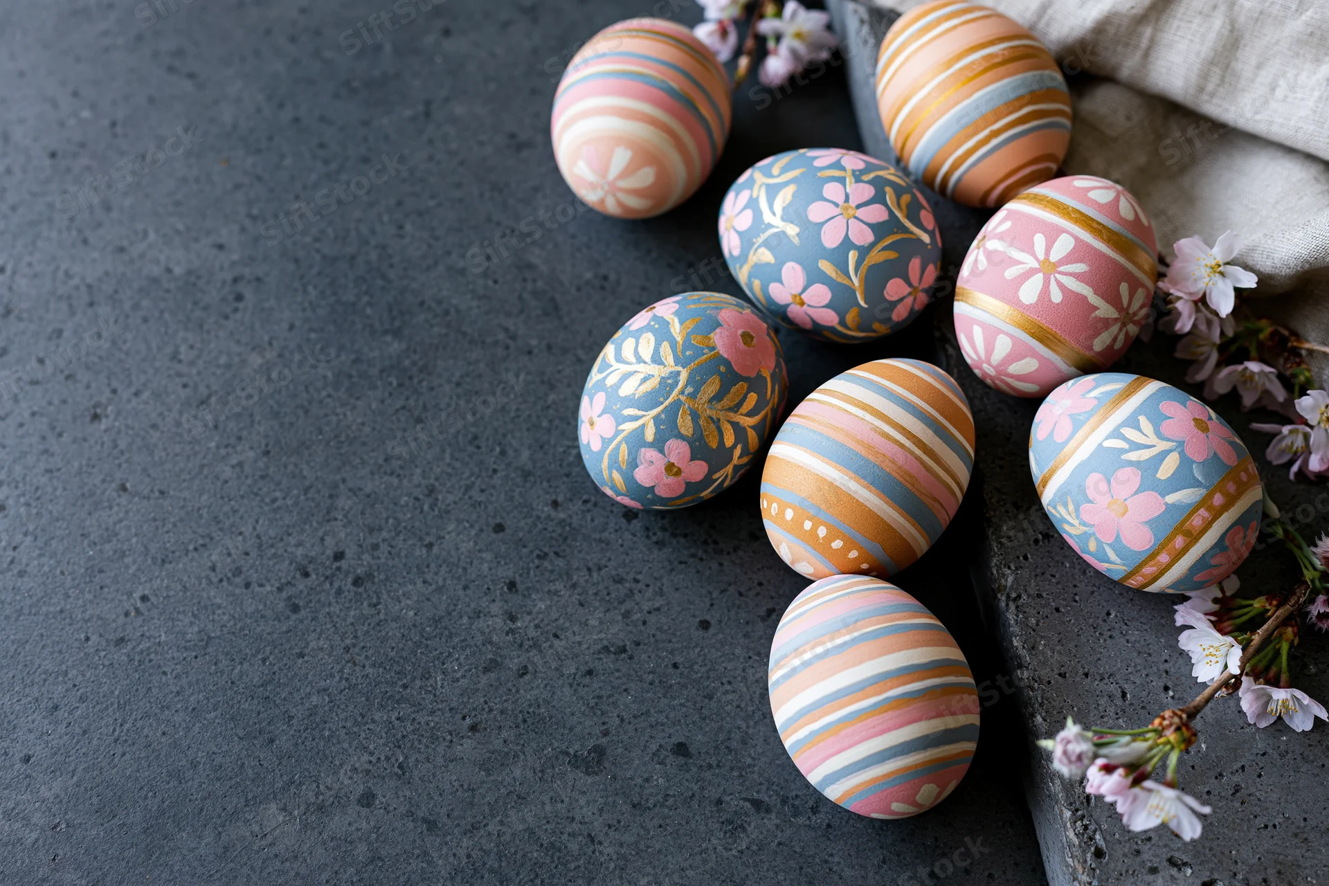 Decorated easter eggs with floral and stripe patterns arranged on a dark concrete surface with cherry blossoms