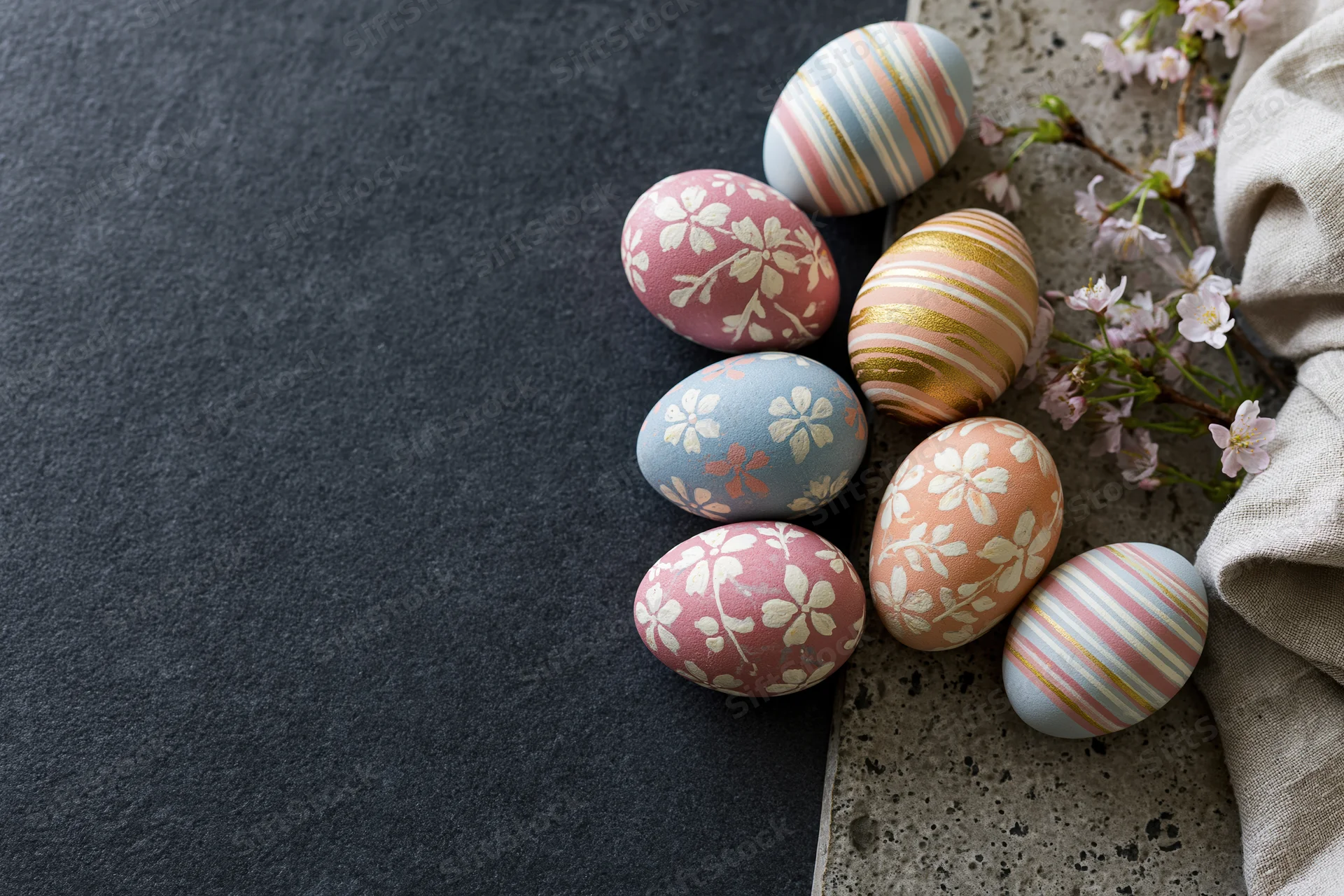 Decorated easter eggs with floral and stripe patterns arranged on slate and concrete with cherry blossoms and linen cloth