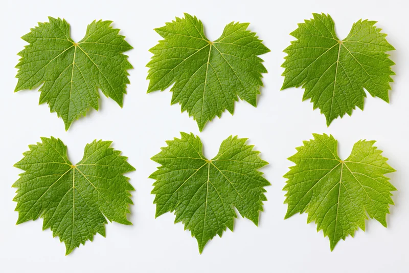 Six grapevine leaves arranged in two rows on white background