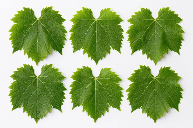 Six grapevine leaves arranged in two rows on white background