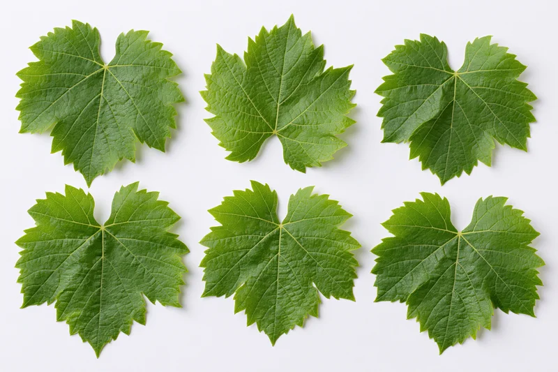 Six grapevine leaves arranged in two rows on white background