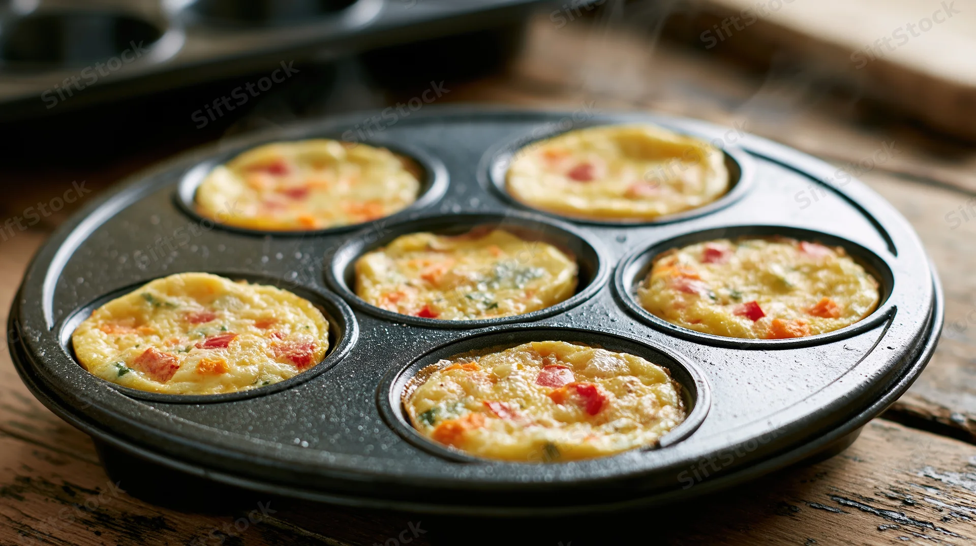 Six mini egg and vegetable frittatas in a dark baking pan on a wooden table