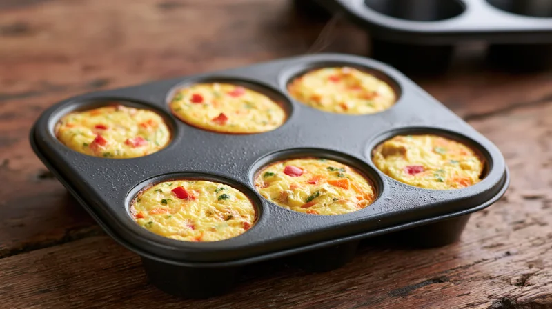 Six mini egg and vegetable frittatas in a dark nonstick baking tray on a wooden table