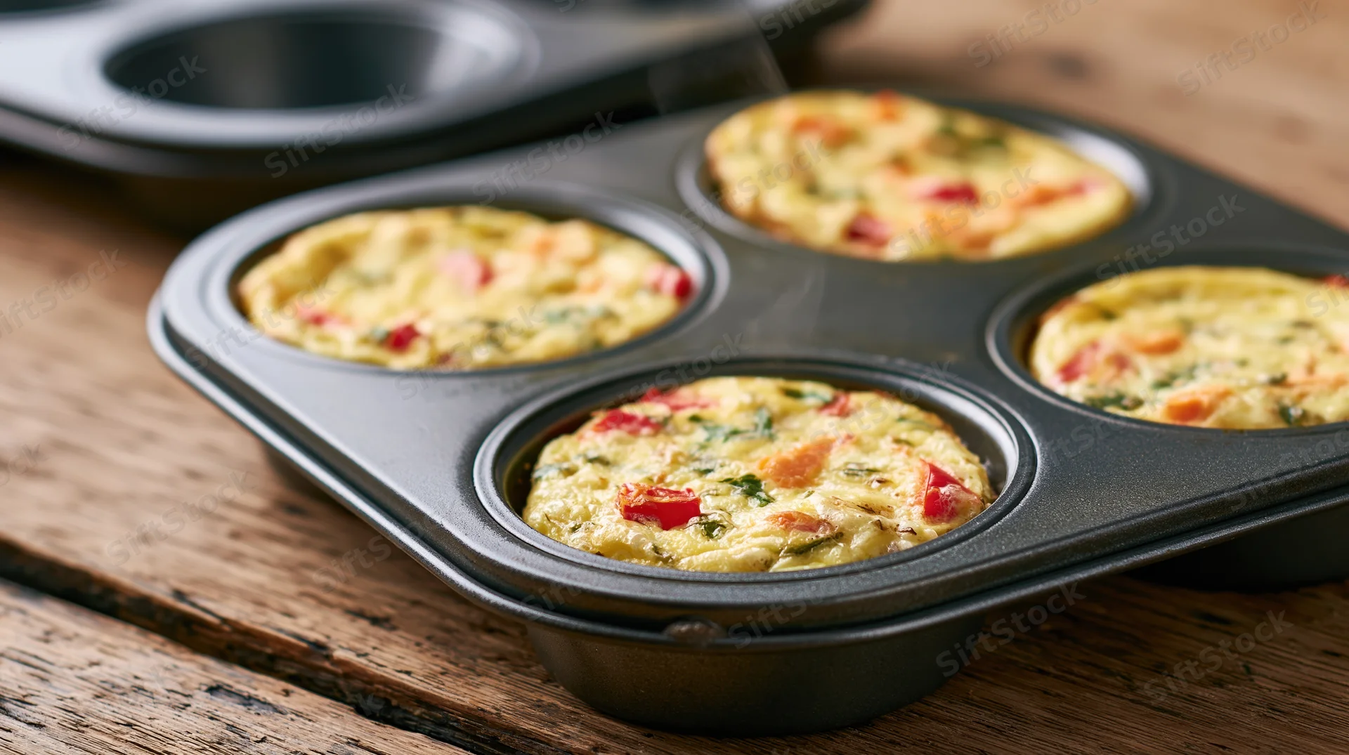 Mini egg and vegetable frittatas in a dark baking tray on a wooden table