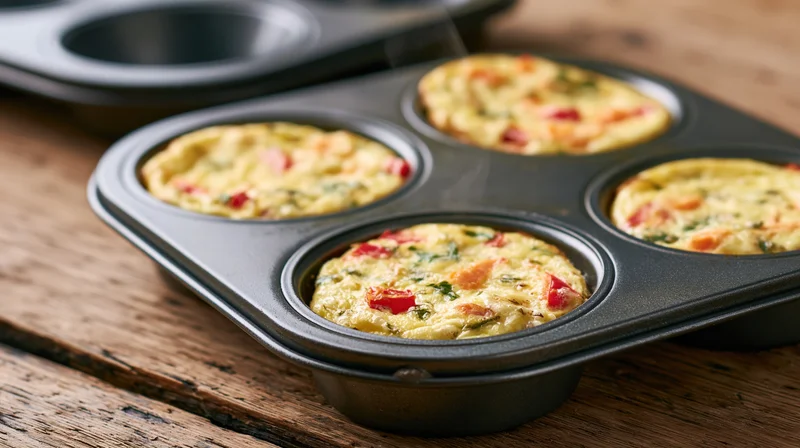 Mini egg and vegetable frittatas in a dark baking tray on a wooden table