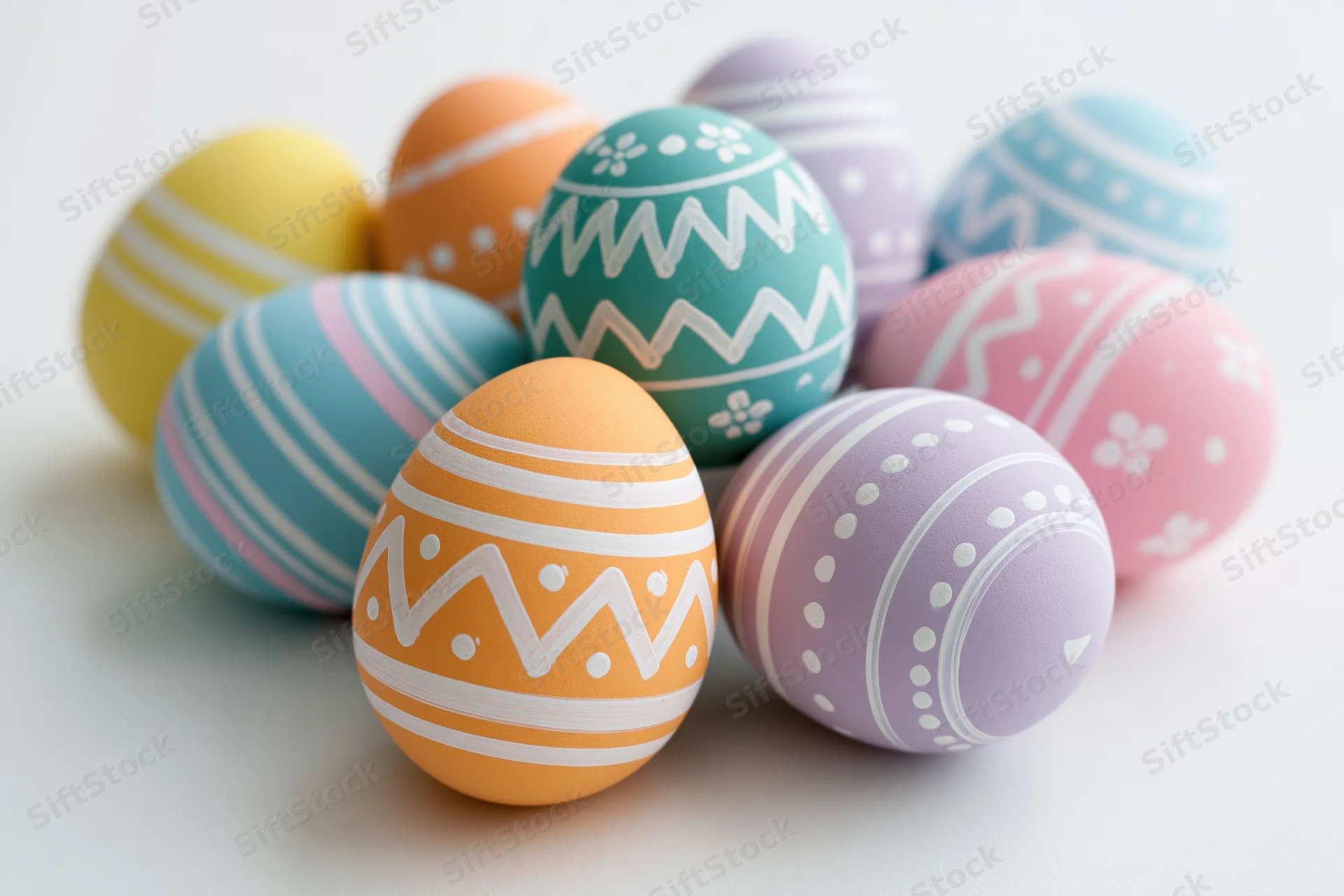Decorated easter eggs arranged in a loose group on a white surface