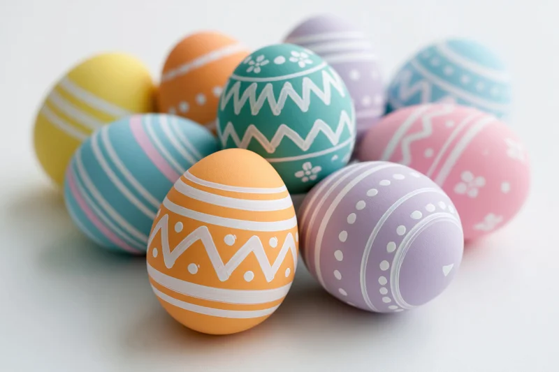 Decorated easter eggs arranged in a loose group on a white surface