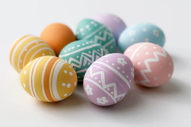 Hand-painted easter eggs with pastel colors and patterns arranged loosely on a white surface