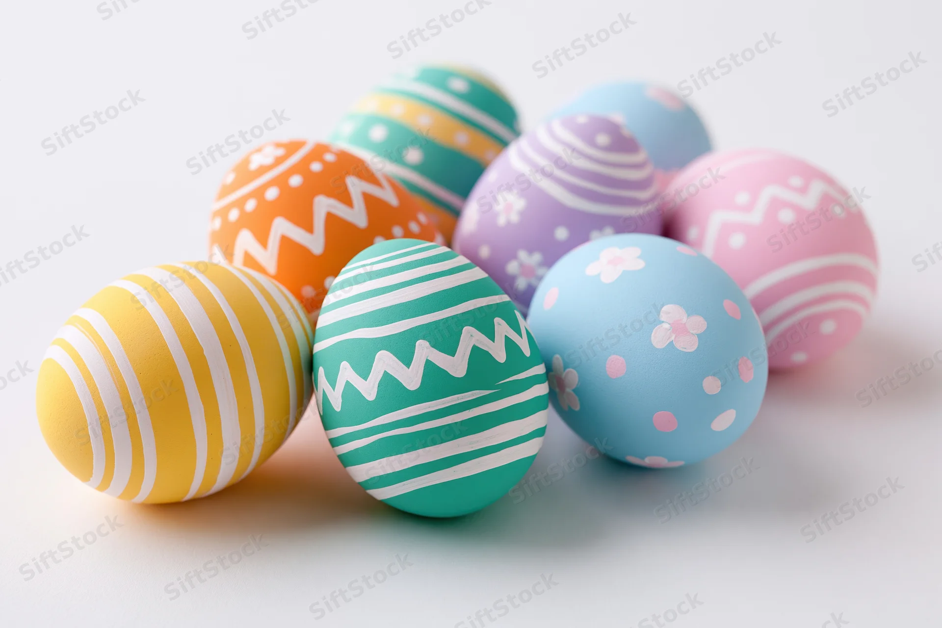 Decorated easter eggs in pastel colors with patterns arranged loosely on white surface