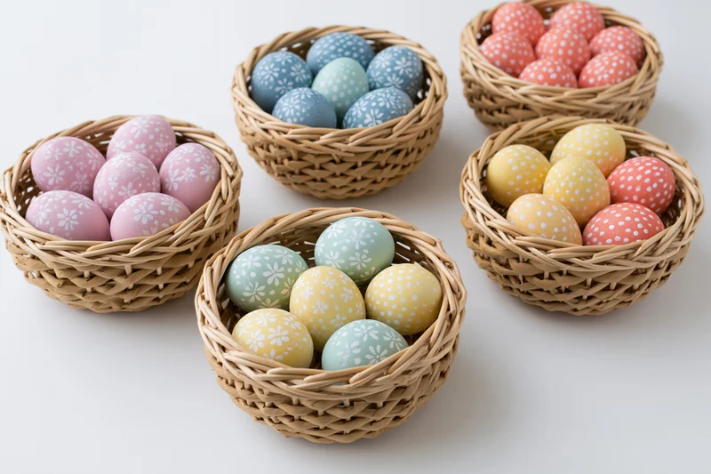 Six wicker baskets filled with pastel decorated easter eggs arranged on white surface