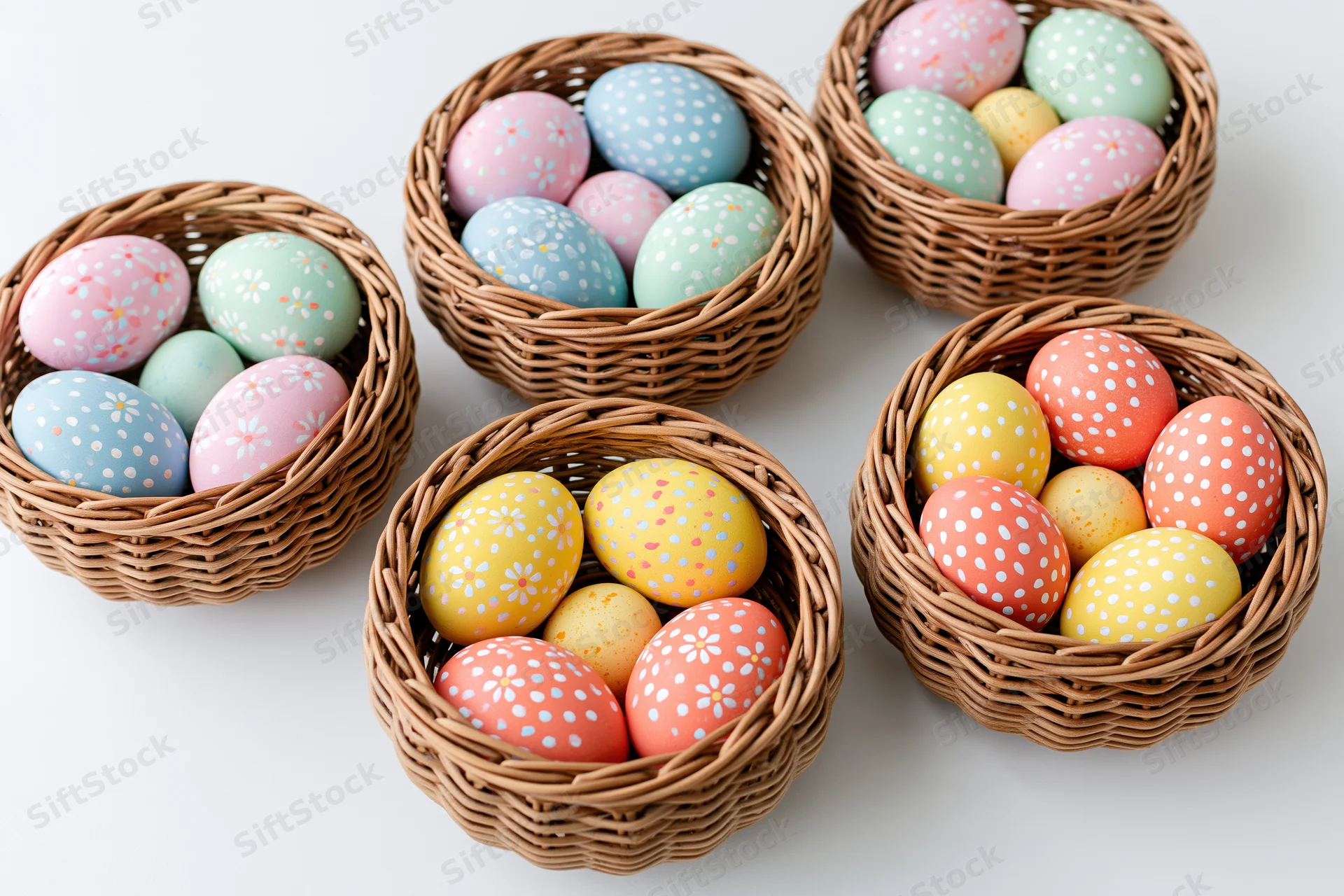 Six wicker baskets filled with pastel decorated easter eggs arranged on white surface