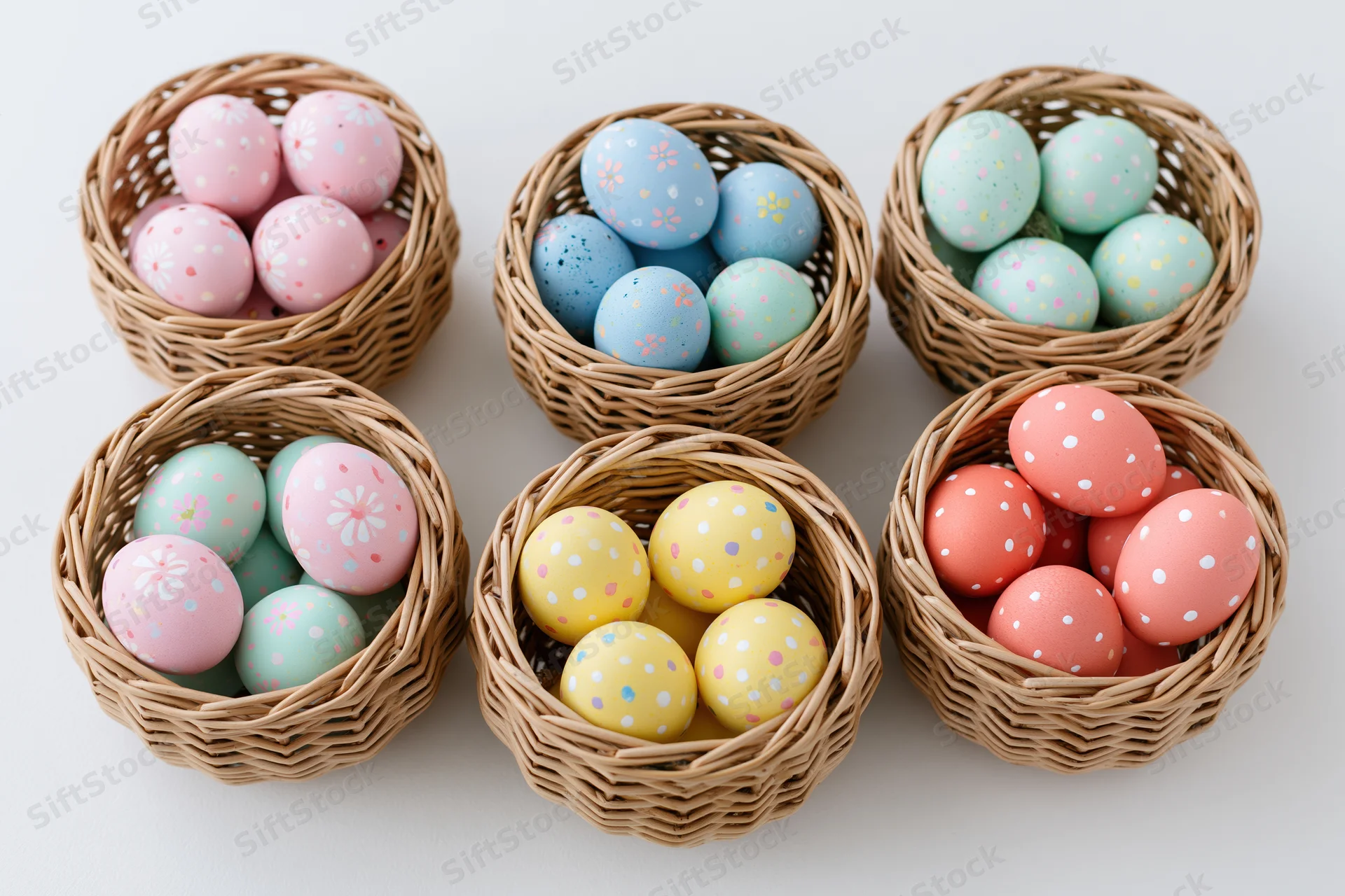 Six wicker baskets filled with pastel decorated easter eggs arranged on white surface