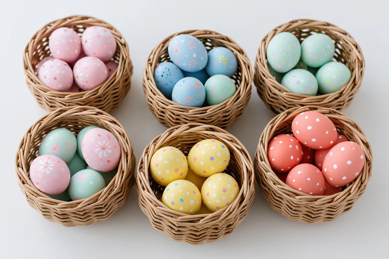 Six wicker baskets filled with pastel decorated easter eggs arranged on white surface