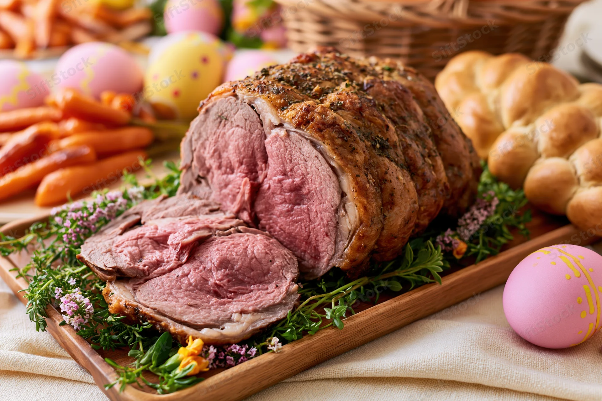 Sliced roast lamb with pink center on wooden platter surrounded by decorated eggs, carrots, and braided bread for easter dinner