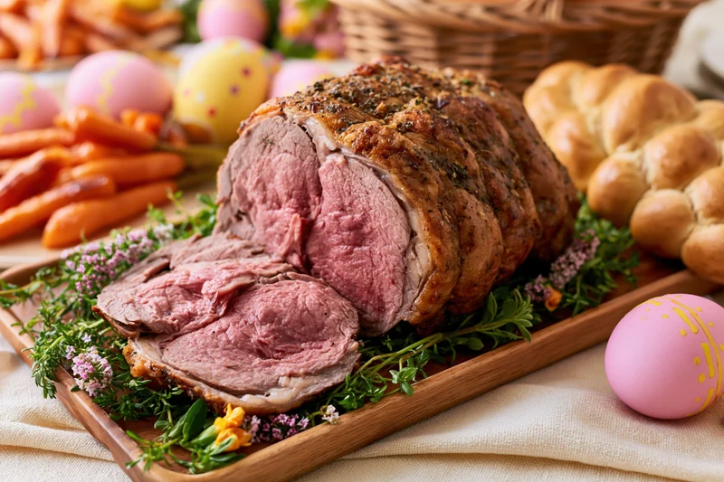 Sliced roast lamb with pink center on wooden platter surrounded by decorated eggs, carrots, and braided bread for easter dinner