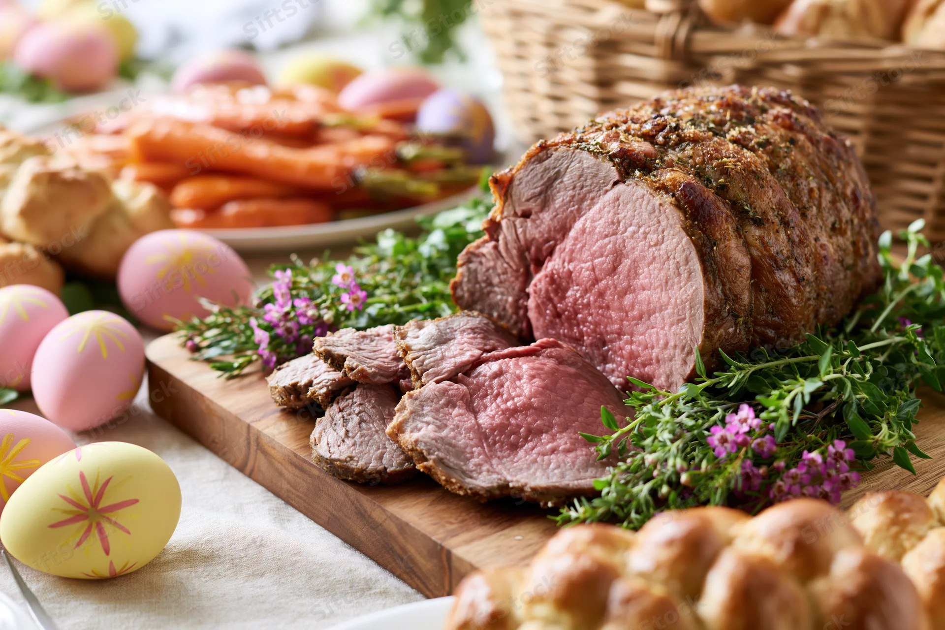 Sliced roast lamb with pink center on wooden cutting board surrounded by decorated easter eggs, herbs, carrots and bread