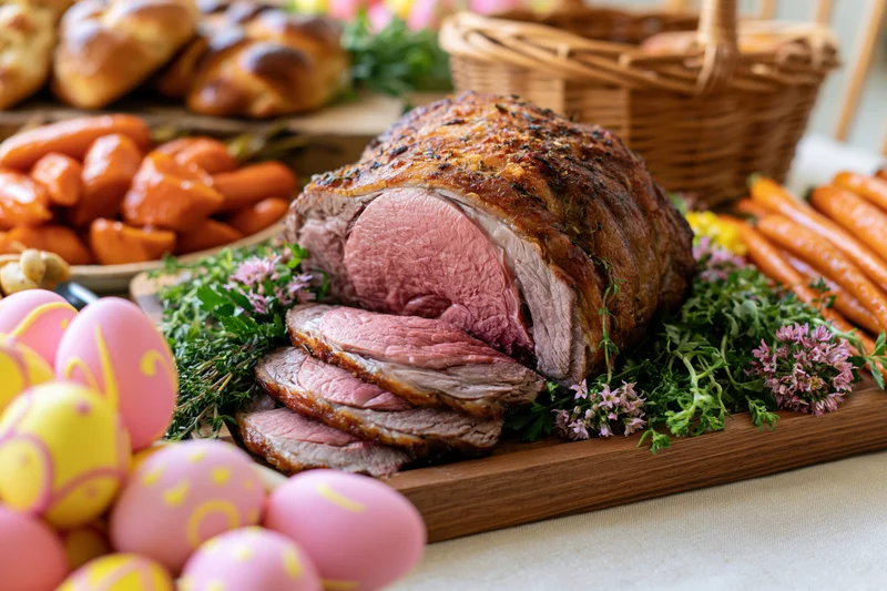 Sliced roast lamb with pink center on wooden board surrounded by carrots, herbs, and decorated easter eggs on dining table