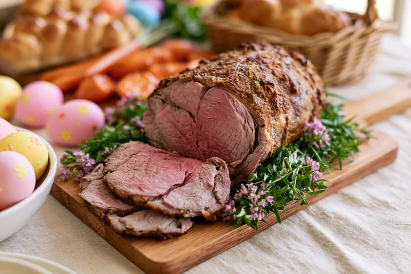 Sliced roast lamb with pink center on wooden cutting board surrounded by herbs and easter eggs on dining table