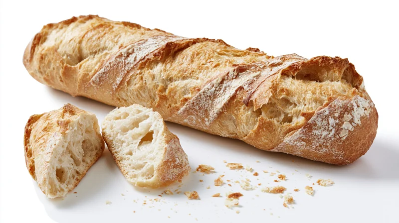 Rustic baguette loaf with two end pieces cut and separated on white surface