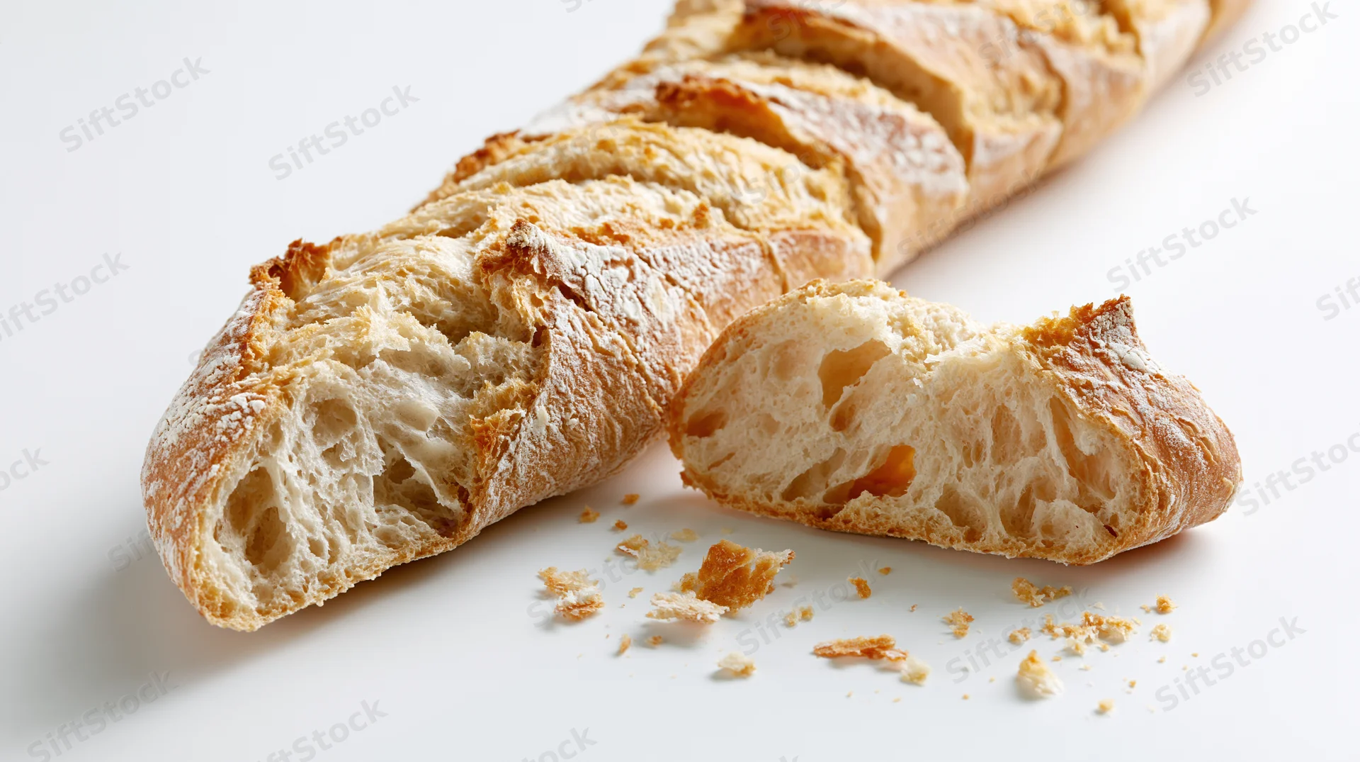 Sliced rustic baguette loaf with two end pieces separated on white surface