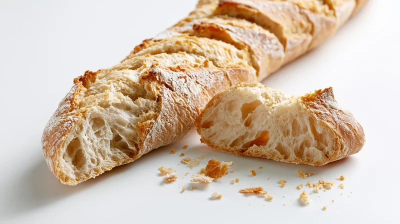 Sliced rustic baguette loaf with two end pieces separated on white surface