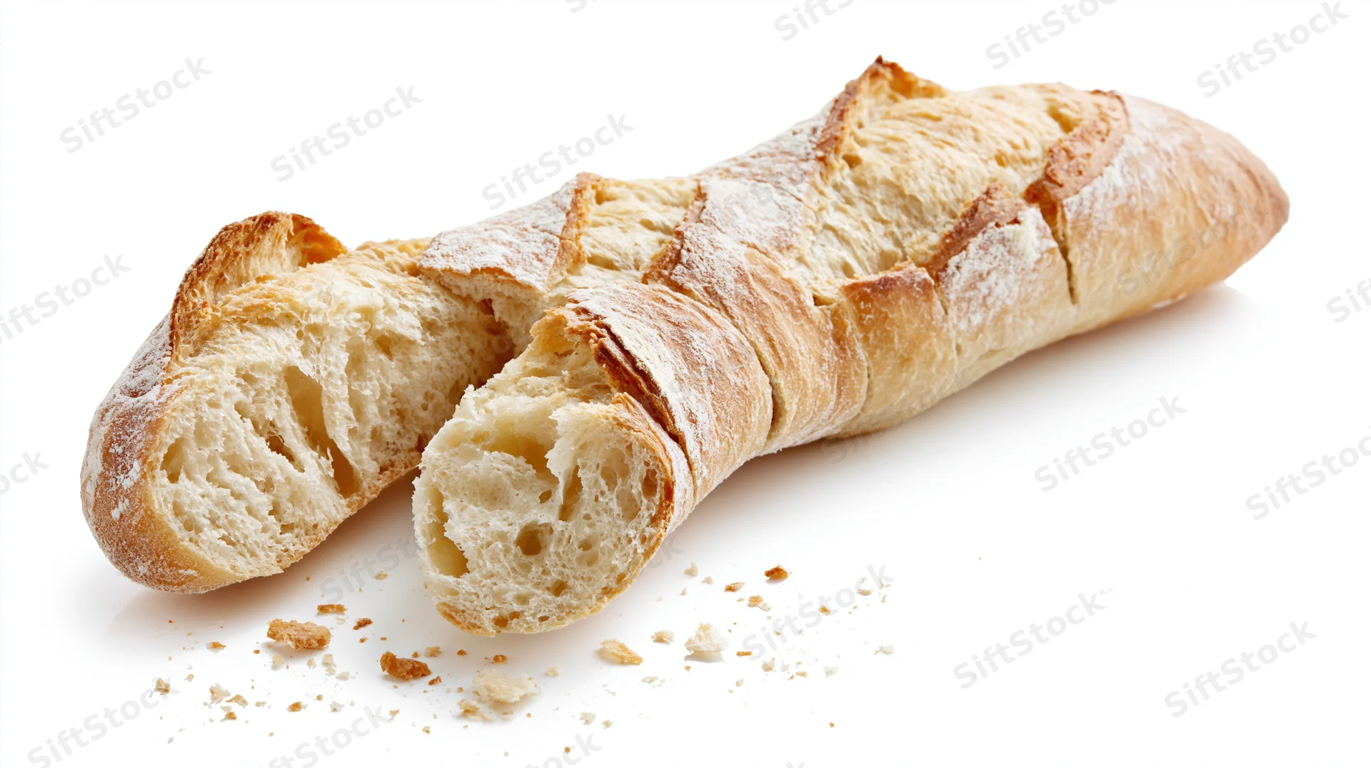 Sliced rustic baguette loaf with two end pieces separated on white background