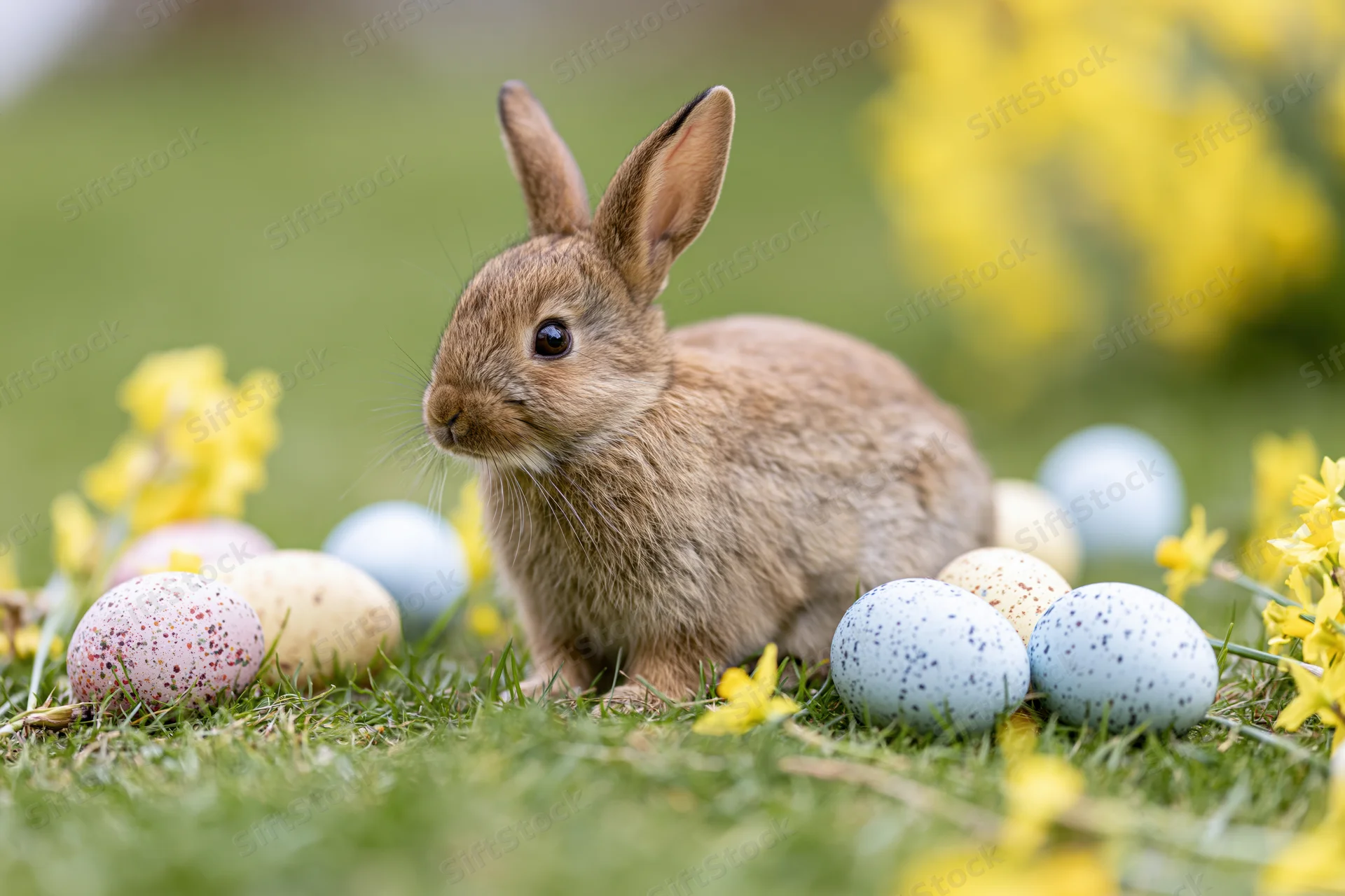 Small brown rabbit sitting alert among colorful speckled eggs and yellow flowers in a grassy meadow