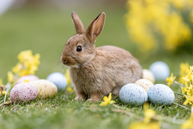 Small brown rabbit sitting alert among colorful speckled eggs and yellow flowers in a grassy meadow