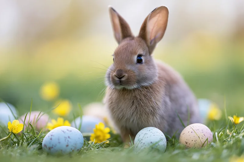 Small brown rabbit sitting alert in a grassy meadow surrounded by speckled easter eggs and yellow flowers