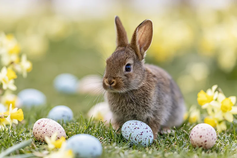 Small brown rabbit sitting alert in a grassy meadow surrounded by easter eggs and daffodils