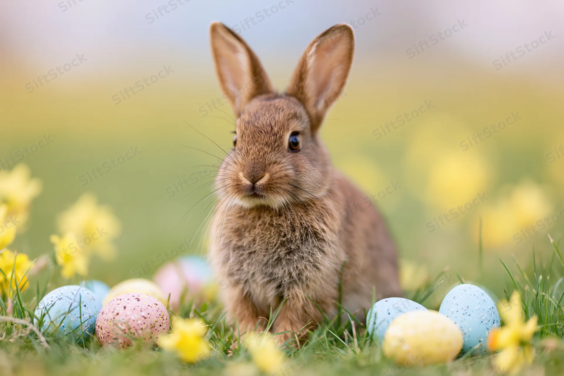 Small brown rabbit sitting alert in a grassy meadow surrounded by colorful easter eggs and yellow flowers