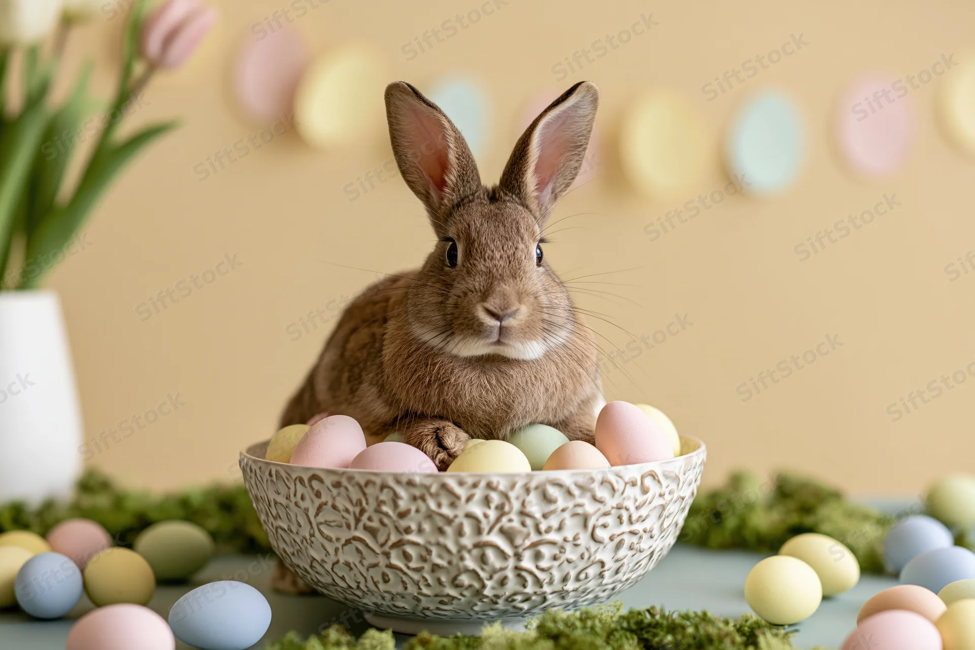Brown rabbit sitting in a decorative white ceramic bowl filled with pastel eggs on a moss-covered table with tulips and Easter decorations around