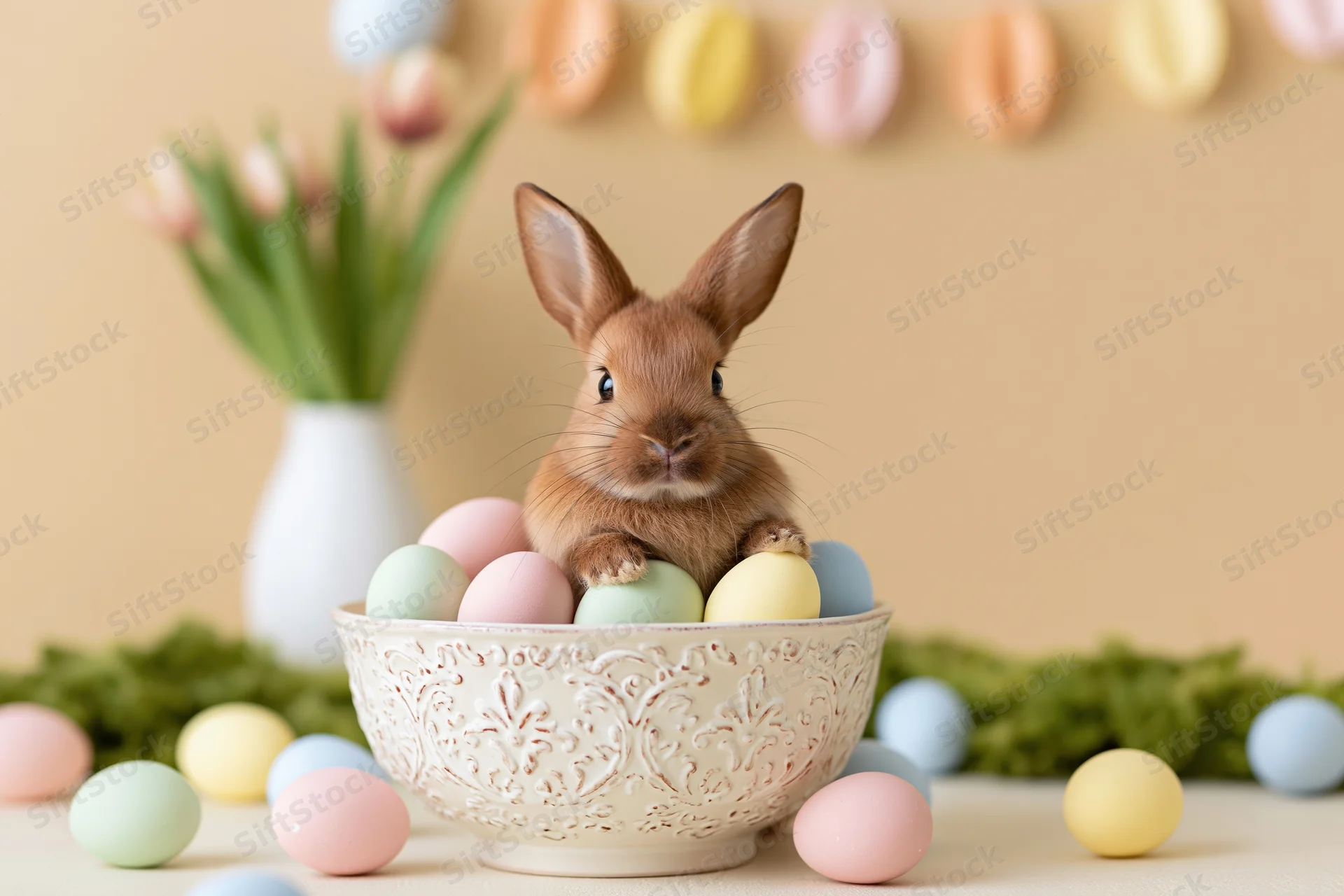 Small brown bunny sitting in a decorative white ceramic bowl filled with pastel eggs on a table with spring flowers and garland in the background
