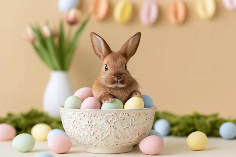 Small brown bunny sitting in a decorative white ceramic bowl filled with pastel eggs on a table with spring flowers and garland in the background