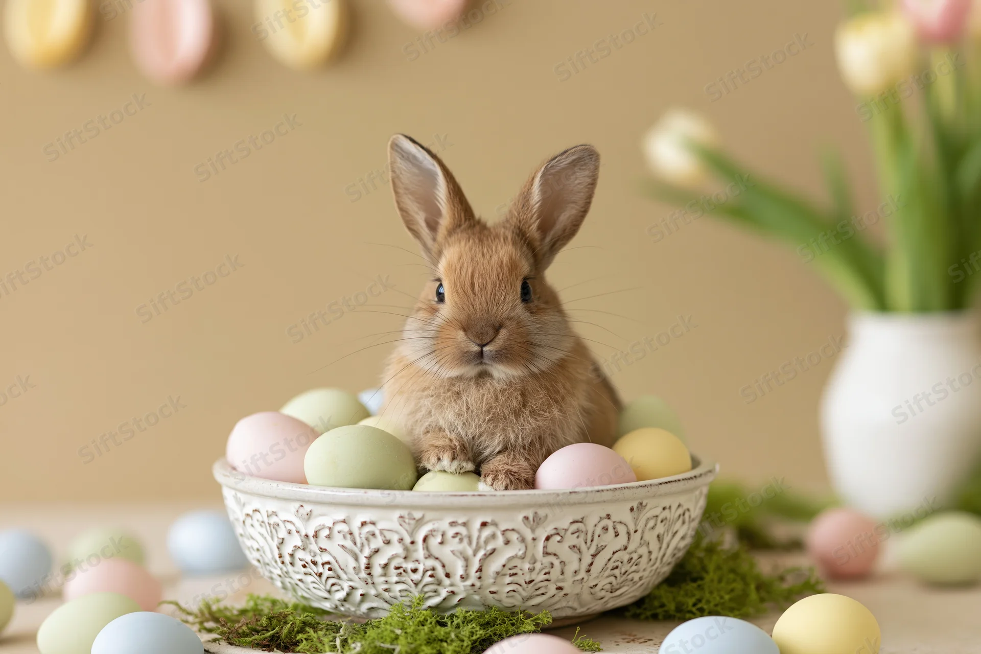 Small brown rabbit sitting in a decorative white ceramic bowl filled with pastel eggs on a table with tulips and moss