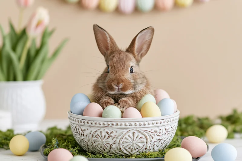 Small brown rabbit sitting in a decorative white ceramic bowl filled with pastel eggs on a moss-covered table with tulips and spring decor
