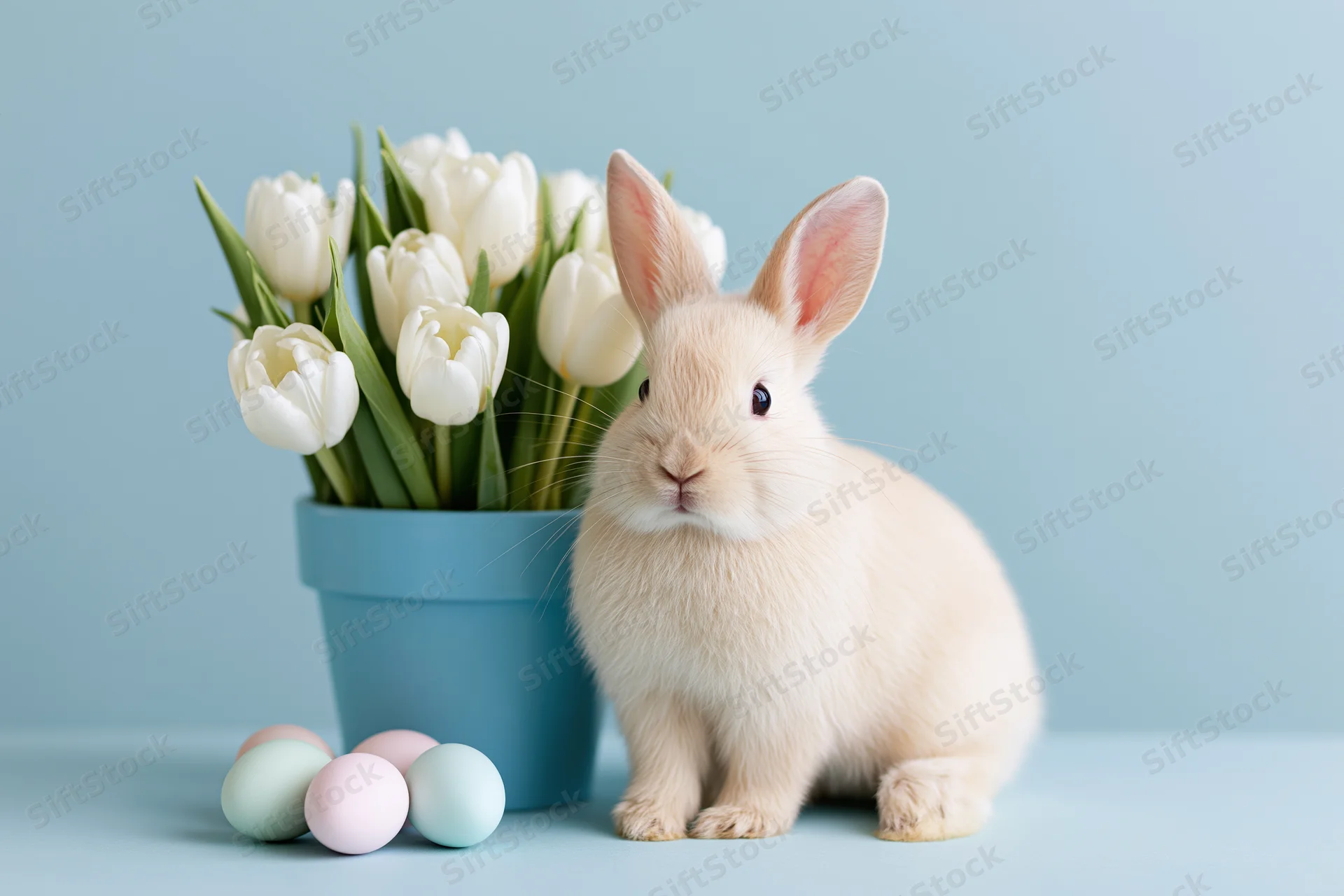 Cream-colored rabbit sitting upright beside a blue pot with white tulips and pastel eggs on a light blue surface