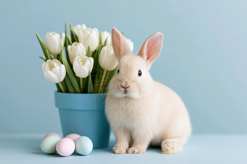 Small cream-colored rabbit sitting upright on a flat surface