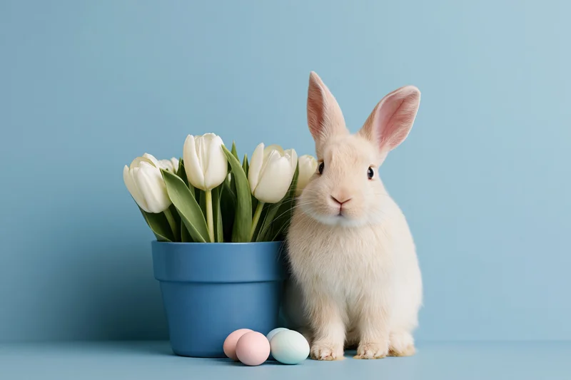 Cream-colored rabbit sitting upright beside a blue pot with white tulips and pastel eggs on a light blue surface