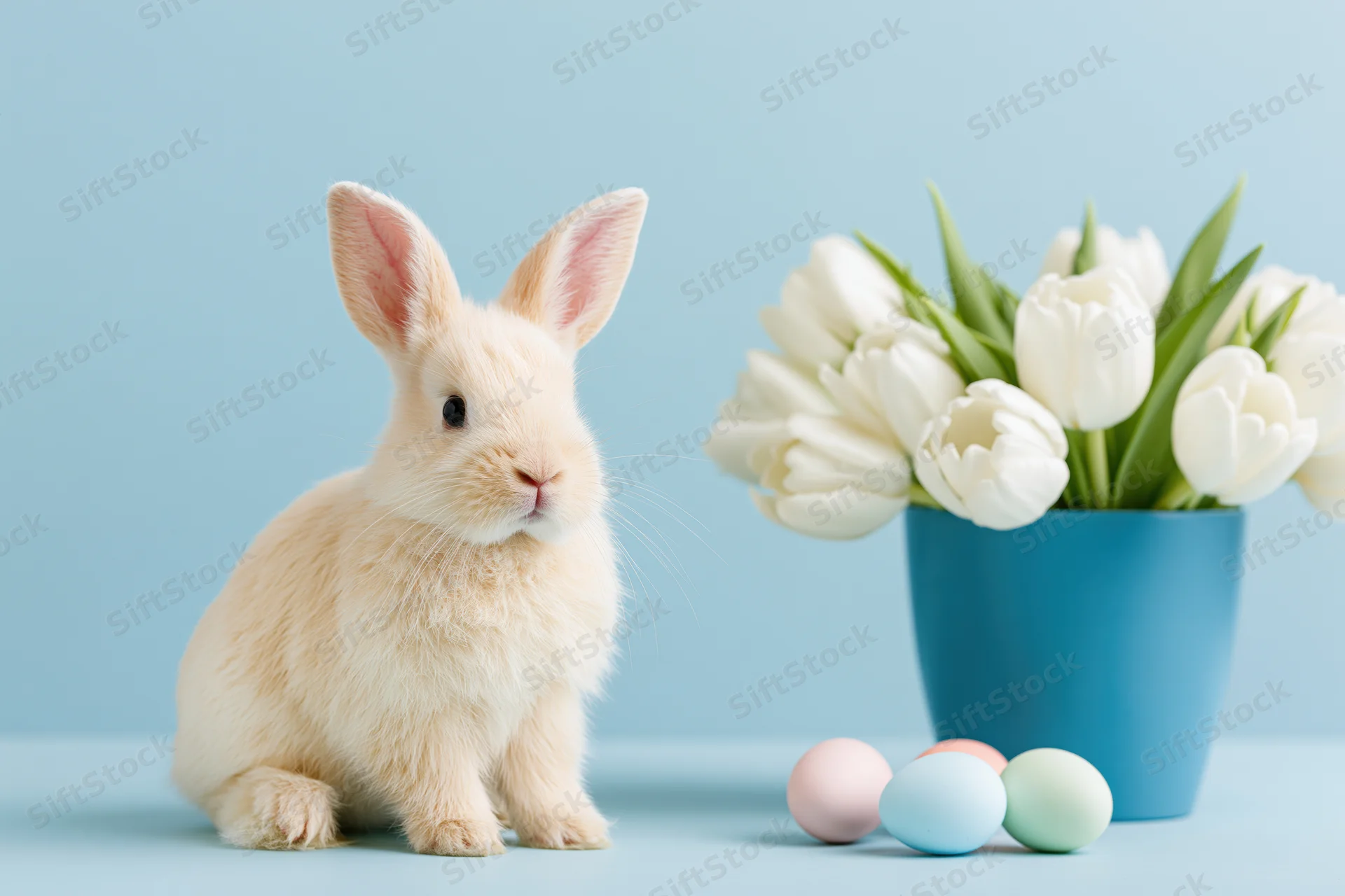 Cream-colored rabbit sitting upright beside white tulips and pastel eggs on a blue surface