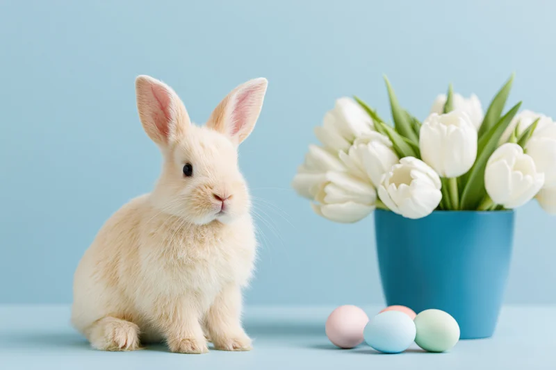 Cream-colored rabbit sitting upright beside white tulips and pastel eggs on a blue surface