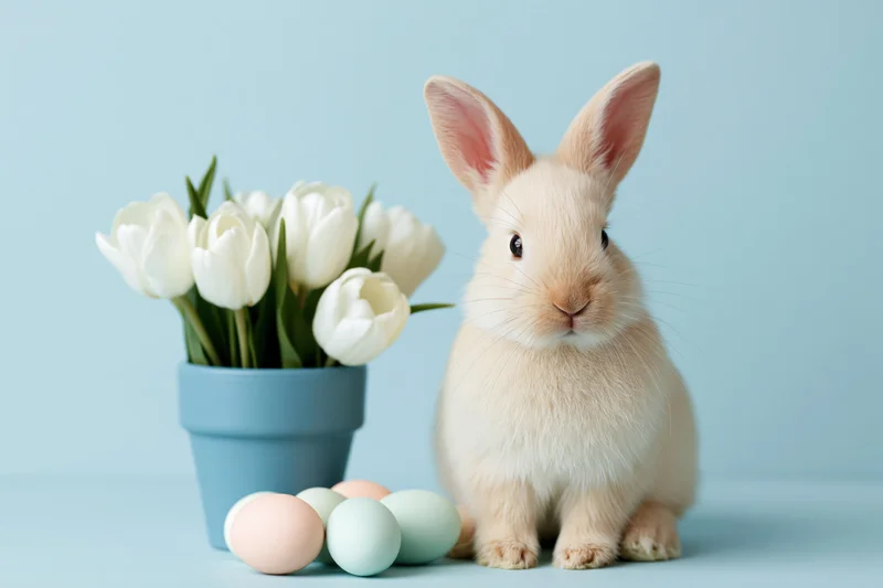 Cream-colored rabbit sitting upright beside a vase of white tulips and pastel eggs on a light blue surface