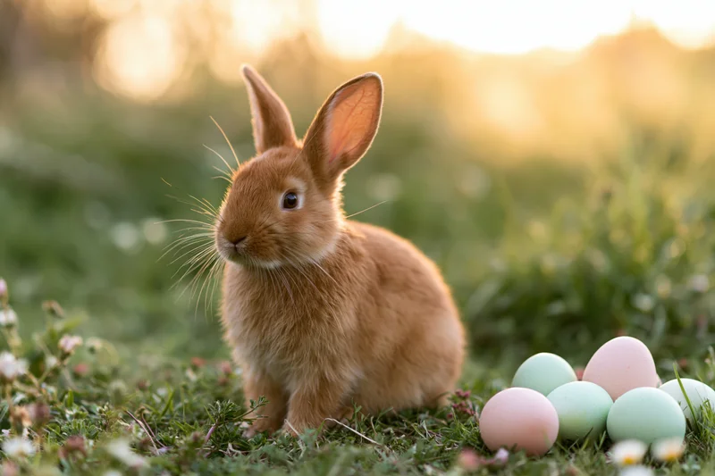 Ginger rabbit sitting alert in a meadow beside pastel eggs at sunrise