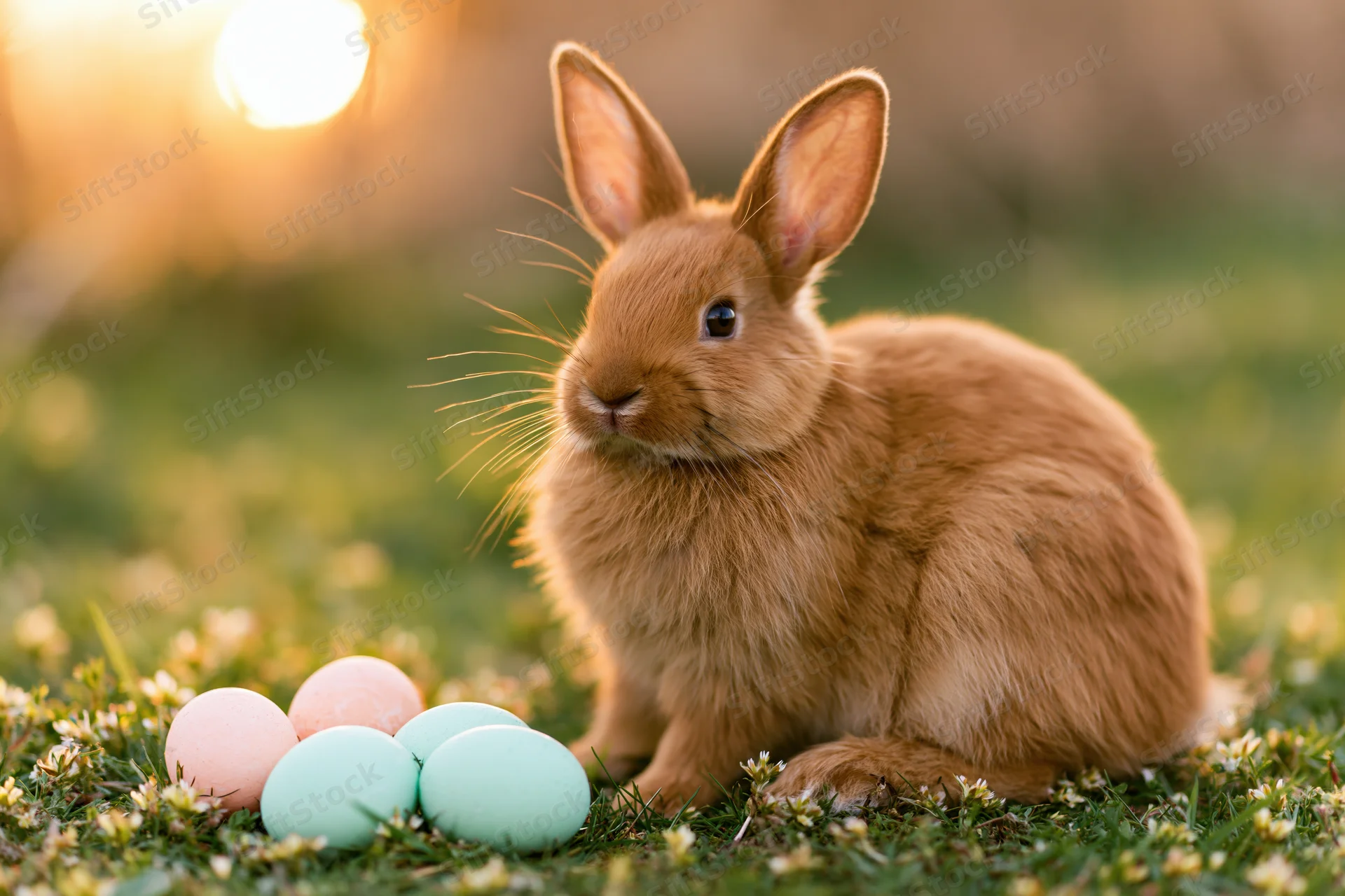 Ginger rabbit sitting alert beside pastel eggs in a sunlit meadow with small white flowers