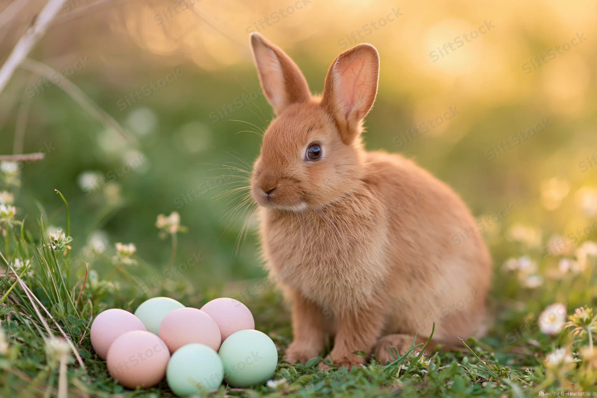 Ginger rabbit sitting alert beside pastel eggs in a sunlit meadow with wildflowers