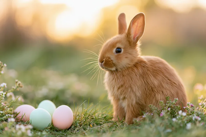 Ginger rabbit sitting alert beside pastel eggs in a sunlit meadow with wildflowers