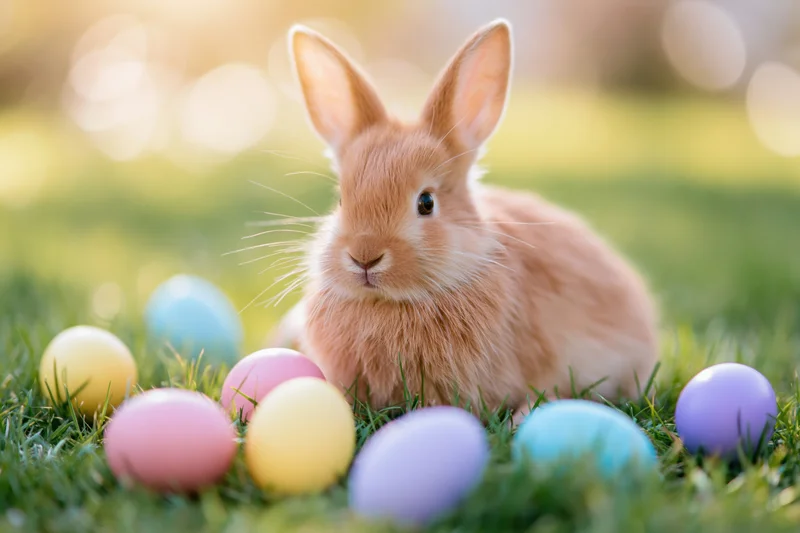 Ginger rabbit sitting alert among pastel easter eggs in green grass